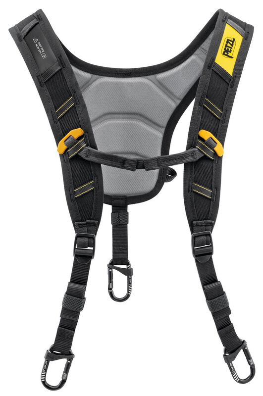 Petzl SEQUOIA Shoulder Straps, front view with padded straps, sternal strap and MINO carabiners