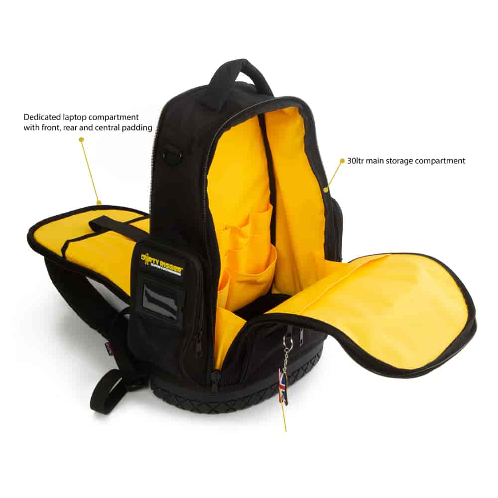 Mochila para técnicos de Dirty Rigger: la bolsa para equipos Dirty Rigger tiene 12 litros de espacio para herramientas, tabletas y más. Esta bolsa de herramientas acolchada con correa para el hombro es ideal para aparejadores, uso en construcción y más. – Ahora disponible en MTN Shop US. - imagen 4