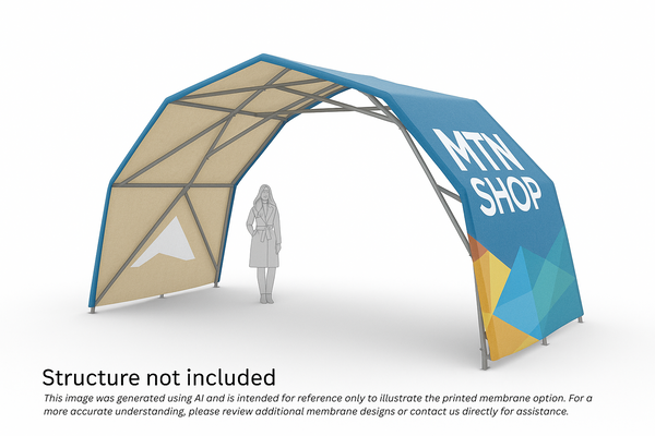 Konligo Fastival printed black membrane attached to frame. Digital AI illustration with human scale reference, now available on MTN SHOP US