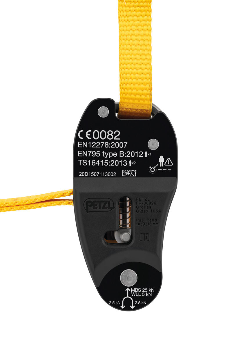 Yellow and black Petzl Eject adjustable friction saver (Model: G001AA00)