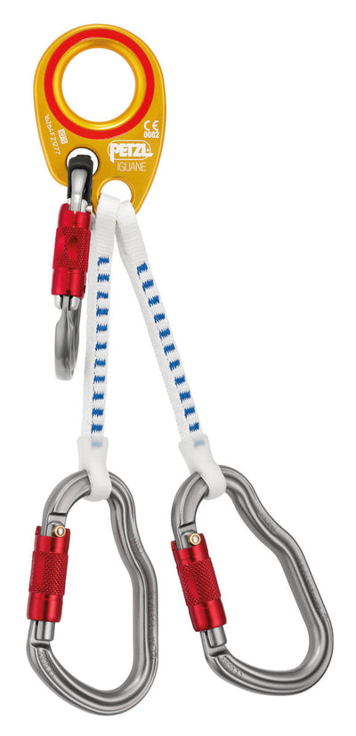 Elemento de amarre Petzl Iguane diseñado para helicópteros terrestres, con elementos de fijación codificados por colores para una fácil manipulación. Disponible en versión corta (25 cm) y larga (35 cm). Incluye mosquetones VERTIGO TWIST-LOCK y Am'D TWIST-LOCK.