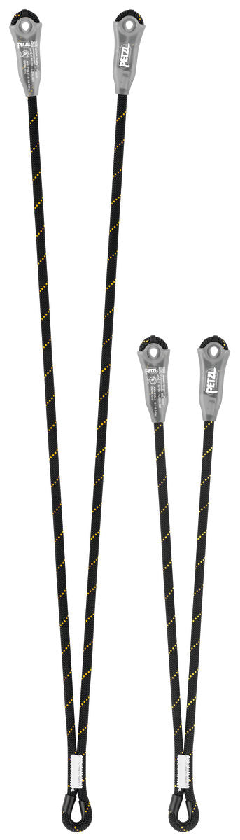 Elemento de amarre de cuerda dinámico no regulable Petzl Jane-Y, diseñado para la detención de caídas cuando se combina con un amortiguador de energía ABSORBICA. Cuenta con fundas de plástico para un posicionamiento seguro del mosquetón y protección contra la abrasión. Disponible en longitudes de 60 cm y 100 cm.