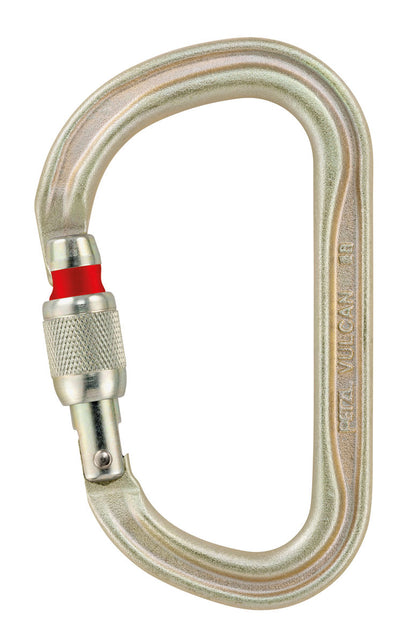 Mosquetón Petzl Vulcan de acero de alta resistencia con SCREW-LOCK, disponible en dorado y negro, diseñado para anclajes múltiples y uso en entornos hostiles.