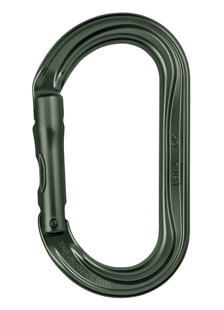 Petzl OK aluminum oval carabiner with TRIACT-LOCK, BALL-LOCK, or SCREW-LOCK system, designed for optimal loading of wide cross-section devices.