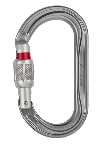 Mosquetón Petzl OK ovalado de aluminio con sistema SCREW-LOCK, diseñado para una carga óptima de dispositivos de sección ancha.