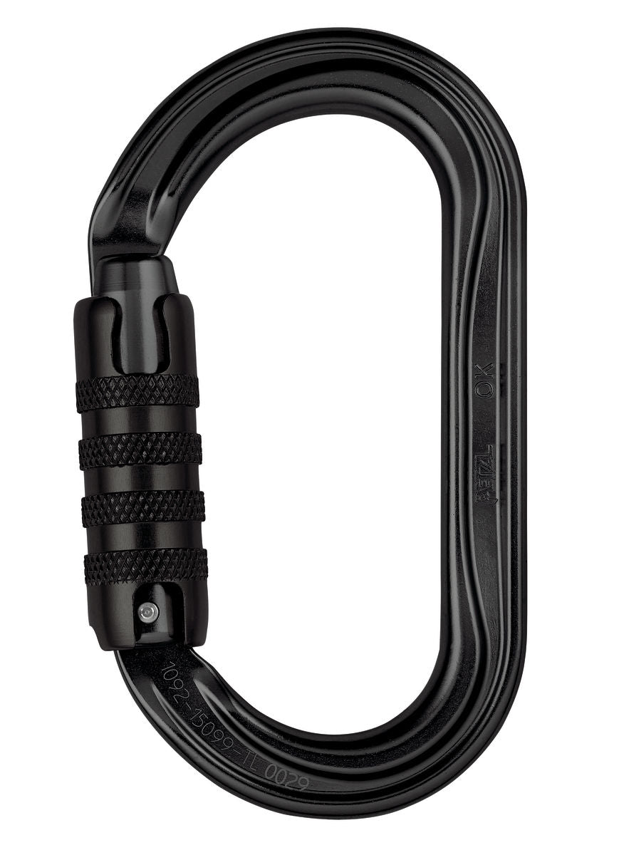 Petzl OK aluminum oval carabiner with TRIACT-LOCK system, designed for optimal loading of wide cross-section devices.