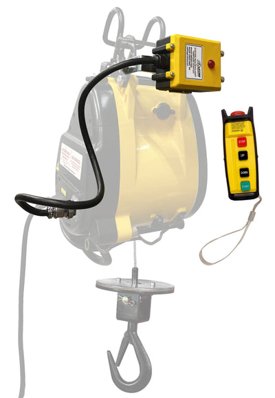OZ Lifting OBH Electric Builder's Hoist with OBHWA-T wireless adapter attached, showing full hoist assembly with hook on white background