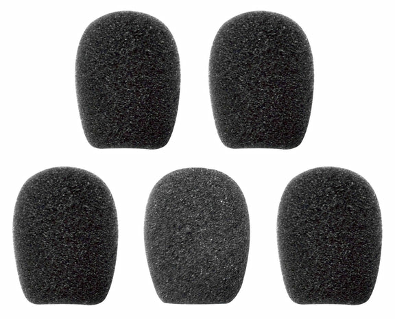 Five black foam microphone sponges for Sena boom headsets arranged on white background, part number SC-A0109