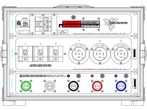 Drawing of Motion Labs 5W Cam-In PDU with three L21-30 outlets and color-coded Cam connectors