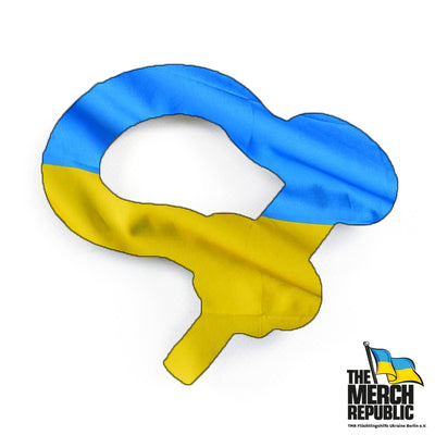 El grillete invisible. Bandera de Ucrania en forma de grillete con colores azul y amarillo