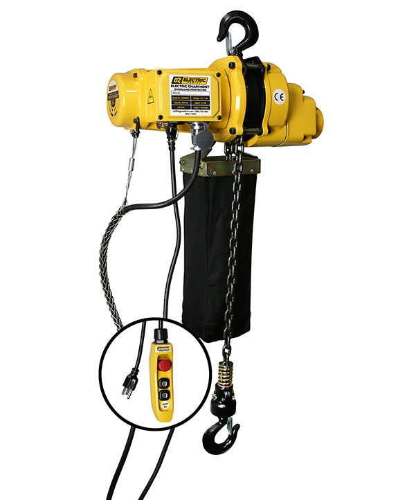 Polipasto eléctrico de cadena OZ Lifting: el polipasto eléctrico de cadena de OZ lifting está diseñado para atender de forma segura y sin esfuerzo sus necesidades de levantamiento pesado. El polipasto se protege de daños por sobrecarga gracias a su sistema de protección contra sobrecargas. El freno de carga funciona con un embrague de fricción de alto rendimiento para intervenir cuando se carga demasiado peso y evitar daños. – Ahora disponible en MTN Shop US. - imagen 3