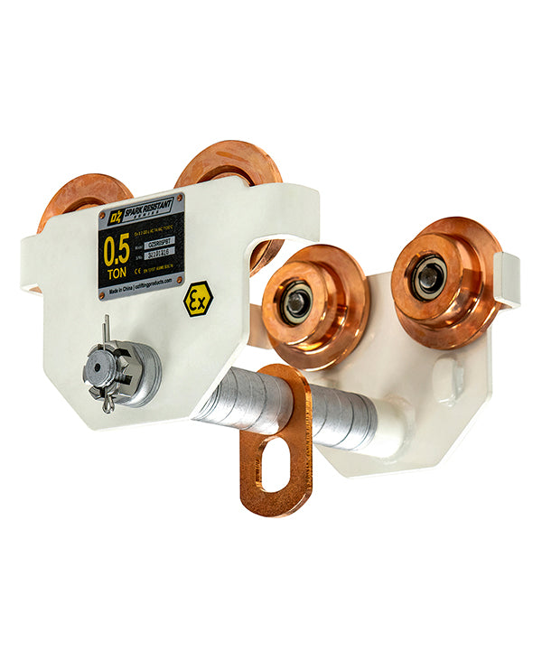 OZ Lifting Spark Resistant Push Beam Trolleys– The Oz Lifting spark resistant push beam trolley is designed for safe use in potentially explosive atmospheres. When working in explosive zones there are extremely strict guidelines and requirements for the equipment you use. OZ Lifting Products’ Spark Resistant Push Beam Trolleys are manufactured in compliance with the EU’s explosion-proof standard ATEX94/9/EC and the Machinery Directive 2006/42/EC. The explosion-proof level can reach: EX II2 GD c IIIC T135°C.