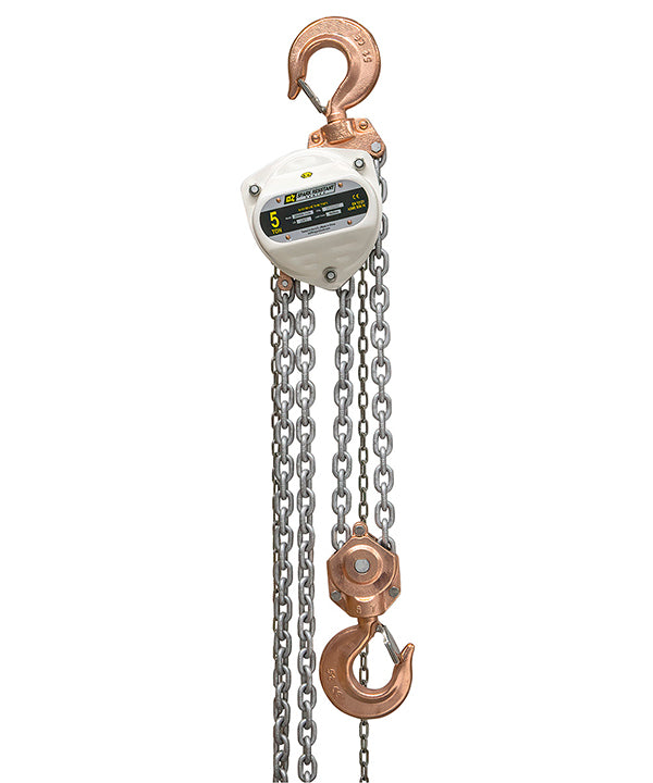 OZ Lifting Spark Resistant Chain Hoist– The Oz Lifting spark resistant chain hoist is designed for safe use in potentially explosive atmospheres. When working in explosive zones there are extremely strict guidelines and requirements for the equipment you use. These ceiling chain hoists are available in lifting capacities of 0.5 ton, 1 ton, 2 ton, 3 ton, 5 ton and 10 ton. The hoist has fully enclosed gearing to keep contaminants and debris away and ensure smooth and lasting operations. The hooks and safety l