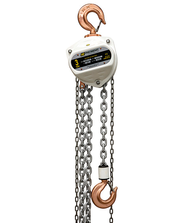 OZ Lifting Spark Resistant Chain Hoist– The Oz Lifting spark resistant chain hoist is designed for safe use in potentially explosive atmospheres. When working in explosive zones there are extremely strict guidelines and requirements for the equipment you use. These ceiling chain hoists are available in lifting capacities of 0.5 ton, 1 ton, 2 ton, 3 ton, 5 ton and 10 ton. The hoist has fully enclosed gearing to keep contaminants and debris away and ensure smooth and lasting operations. The hooks and safety l