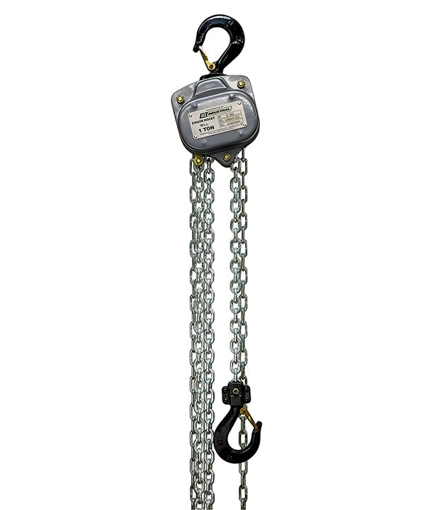 OZ Lifting Industrial Chain Hoist– The Oz Lifting industrial chain hoist is an all-steel chain hoist available in capacities of 0.25 ton, 0.5 ton, 1 ton, 2 ton, 3 ton and 5 ton. The hoist uses a 100% load tested grade 80 alloy chain and features fully enclosed gearing for protection against contaminants and debris. The hoist has load sheave bearings and a long lasting powder coated finish. The steel handle has a rubber grip for easy control and grip. The hoist also has forged alloy steel hooks to securely a