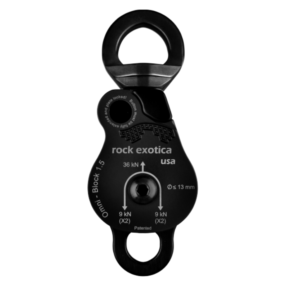 Rock Exotica Omni-Block 1.5" Double Pulley– The Omni-Block combines a swivel and pulley into one tool, and incorporates a unique sideplate that opens while the pulley is still attached to the anchor. – Now available at MTN Shop US. - imagen 3
