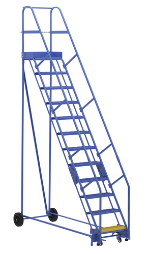 Vestil LAD-12-14-G Escalera de almacén con ruedas de acero 58 grados 12 puntales de agarre 23-9/16 pulgadas. Ancho del escalón 350 lb. Capacidad Azul