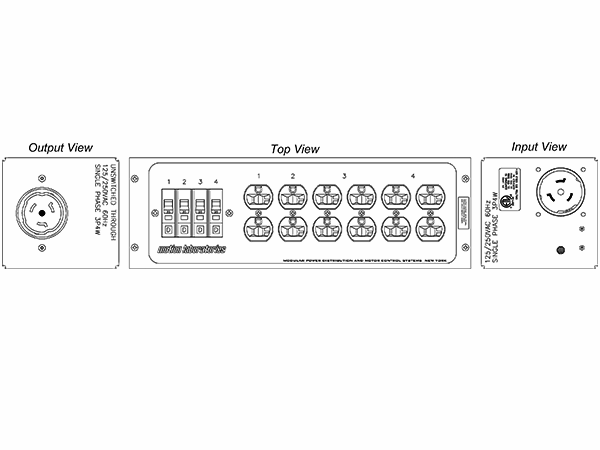 Motion Labs breakered stringer box drawing with 125/250V single phase twistlock input and thru, 4 breakers and 6 Edison duplex outlets - imagen 5