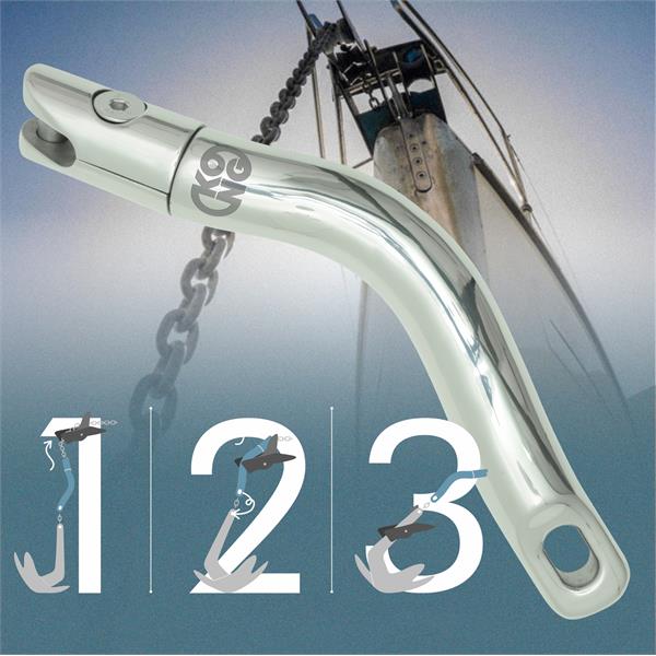 Kong Moorena anchor connector three-step retrieval process: winch lifts chain, swivel aligns anchor, anchor seats in bow roller - imagen 4
