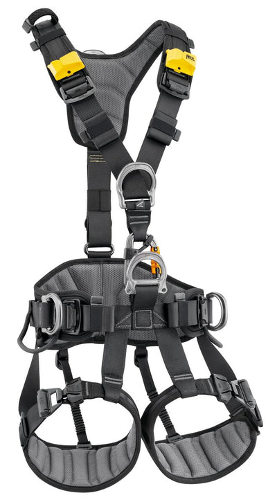 Petzl AVAO FAST Arnés de seguridad de cuerpo entero, versión internacional, diseñado para posicionamiento en el trabajo y accesos difíciles. Cuenta con cinturón acolchado y perneras con forro transpirable para mayor comodidad. Equipado con hebillas DOUBLEBACK autoblocantes y hebillas de apertura FAST para ajustes rápidos. Múltiples puntos de fijación y portamateriales para una organización optimizada del equipo. Certificado según estándares internacionales de seguridad.