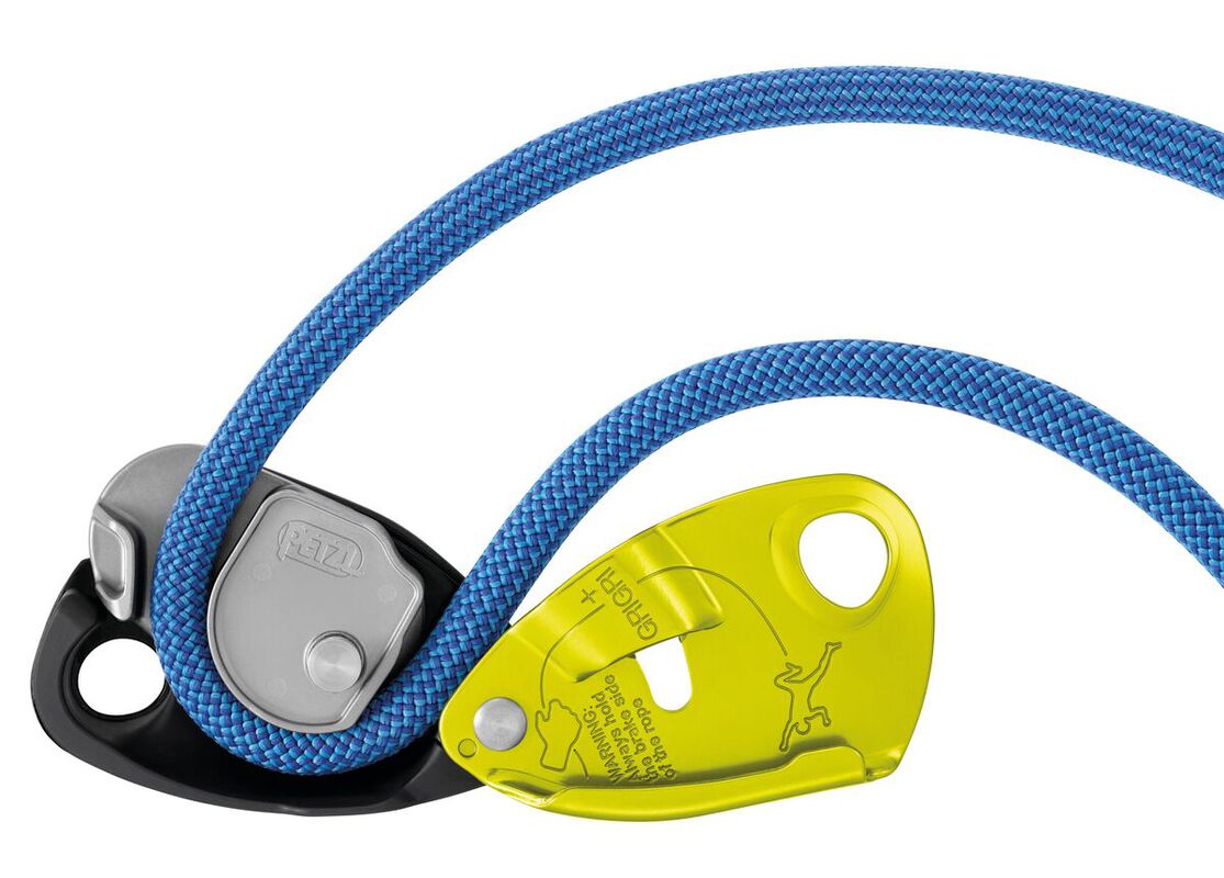 Yellow Petzl GRIGRI + belay device with blue rope threaded through, side view - imagen 3