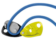 Yellow Petzl GRIGRI + belay device with blue rope threaded through, side view - imagen 3