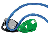 Green Petzl GRIGRI + belay device with blue rope threaded through, side view - imagen 11