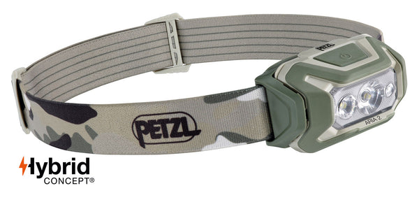 Petzl ARIA® 2 RGB headlamp, compact, rechargeable, and durable, offering 450 lumens with red, green, and blue lighting for night vision and stealth. Ideal for maintenance professionals and tradespeople.