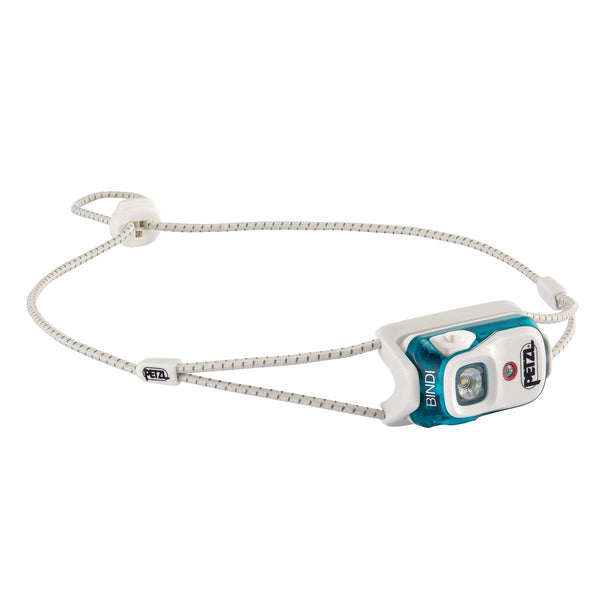 Petzl Bindi® ultra-compact 200-lumen headlamp, weighing only 35 g, rechargeable via micro USB, and designed with a reflective headband for enhanced visibility.