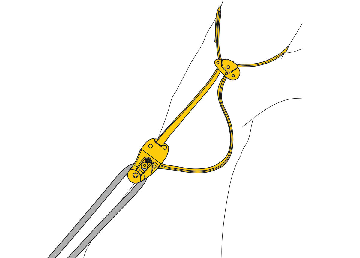 Yellow and black Petzl Eject adjustable friction saver (Model: G001AA00)