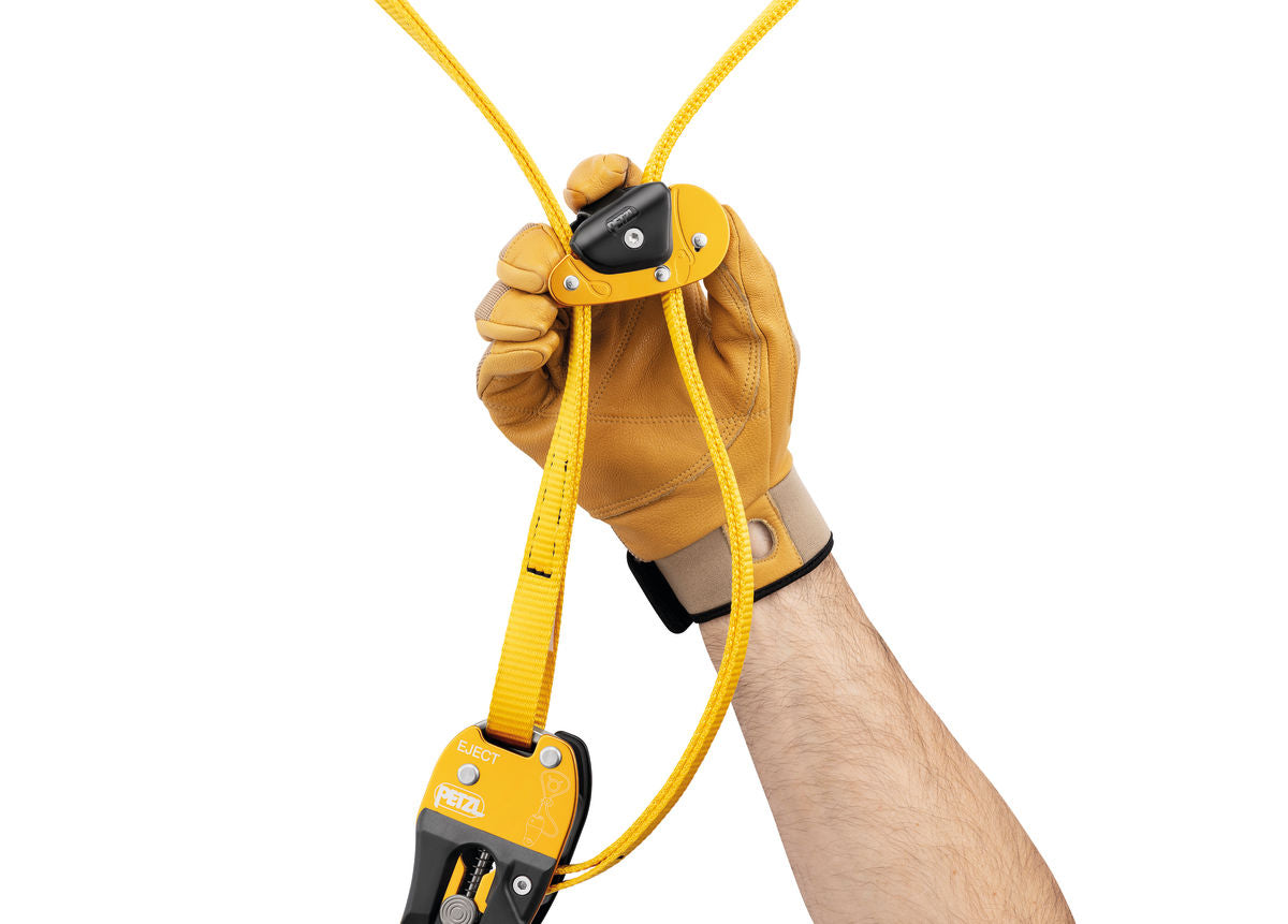 Yellow and black Petzl Eject adjustable friction saver (Model: G001AA00)