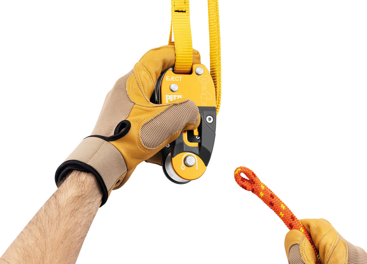 Yellow and black Petzl Eject adjustable friction saver (Model: G001AA00)