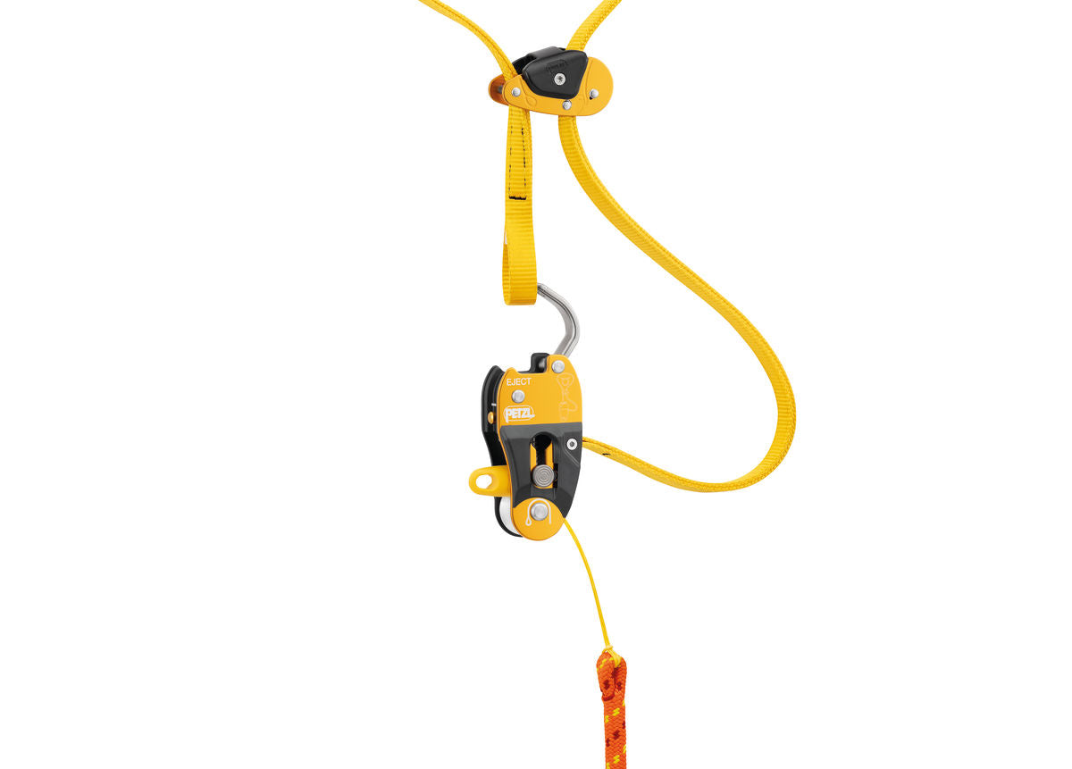 Yellow and black Petzl Eject adjustable friction saver (Model: G001AA00)