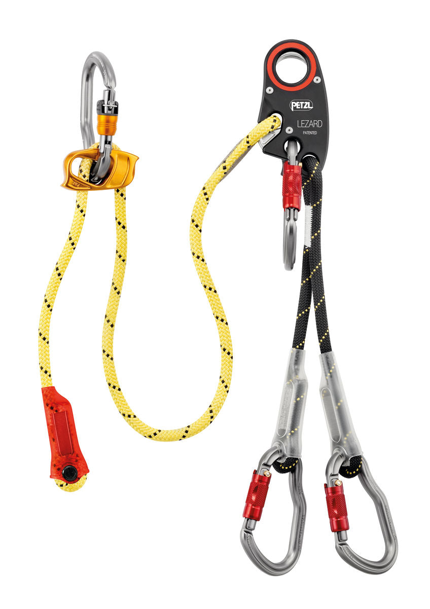  "Petzl Lezard helivac lanyard designed for altitude drop-off/recovery, featuring an adjustable arm for quick ejection, color-coded attachment elements for easy handling, and low-stretch kernmantel rope. Certified for secure rescues and heli operations.