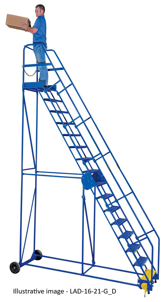 Vestil LAD-12-14-G Escalera de almacén con ruedas de acero 58 grados 12 puntales de agarre 23-9/16 pulgadas. Ancho del escalón 350 lb. Capacidad Azul - imagen 2