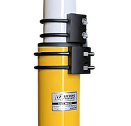A heavy-duty black Davit crane locking collar with U-bolts installed on a yellow OZ Lifting Products crane base against a white background.