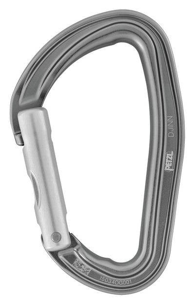 Mosquetón de escalada deportivo Petzl Djinn aluminio gris con sistema Keylock, gatillo recto o curvo.
