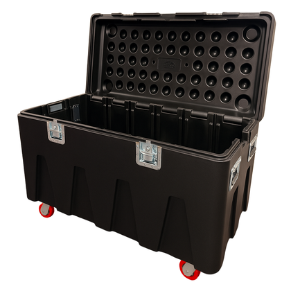 Black road case with wheels on a white background