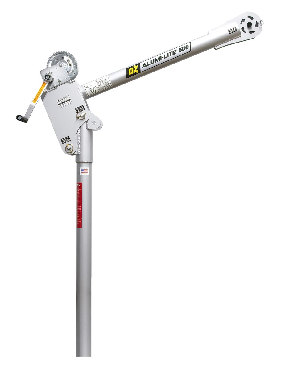OZ Lifting Alumi-Lite aluminum OZA500DAV davit crane featuring a manual hand crank winch and cable system, side view on a white background. - imagen 3