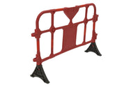 Vestil Plastic Interlocking Barrier in red, angled view showing the slat panel and black base feet. - imagen 7
