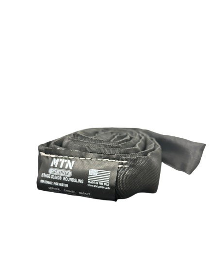 MTN Round Slings– MTN Slings are designed to match theatrical settings and safely perform during all of your lifting applications. For sale in 2', 3', 4', 6', 8' 9', 12' lengths. Best round slings for rigging, lightweight, OSHA certified, black theatrical color. – Now available at MTN Shop US.