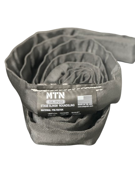 MTN Round Slings– MTN Slings are designed to match theatrical settings and safely perform during all of your lifting applications. For sale in 2', 3', 4', 6', 8' 9', 12' lengths. Best round slings for rigging, lightweight, OSHA certified, black theatrical color. – Now available at MTN Shop US.