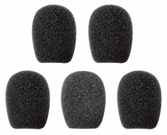 Five black foam microphone sponges for Sena boom headsets arranged on white background, part number SC-A0109