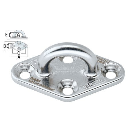 Harken 98mm Stainless Steel Diamond Standard Padeye– The Harken 98mm Stainless Steel Diamond Standard Padeye IN689 stainless steel diamond anchorage point, constructed from 316 stainless steel, is engineered for permanent installation on a structure. Its purpose is to provide a secure point for attaching anchor devices or personal protective equipment, ensuring safety when working at heights. – Now available at MTN Shop US.