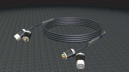 Motion Labs Overmold Y Dual Twist Hoist Cable coiled, with the Y end split into two twistlock connectors