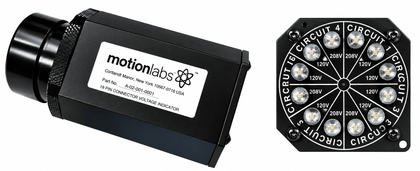 Motion Labs 19Pin 6 Cir Voltage Indicator, a small black and red housing beside a round connector face
