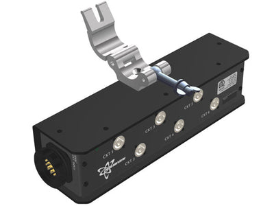 Black Motion Labs P19 Stringer Box with a truss clamp on top and six round output connectors
