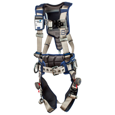 Arnés de posicionamiento estilo construcción 3M™ DBI-SALA® ExoFit™ STRATA™: vista frontal con hebillas de conexión rápida y cinturón corporal/almohadilla para cadera con anillos en D laterales