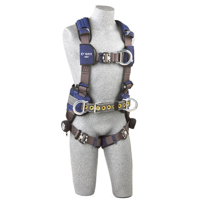 Arnés de escalada/posicionamiento estilo construcción 3M™ DBI-SALA® ExoFit NEX™: vista frontal con correas de conexión rápida para el pecho y las piernas, anillo en D frontal de aluminio y cinturón corporal/almohadilla para la cadera con anillos en D laterales