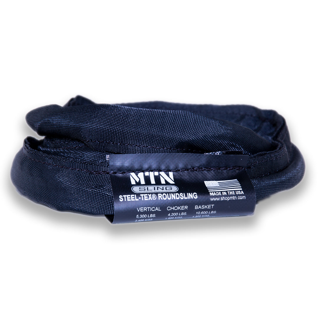 Eslingas redondas MTN Black Steel-Tex: las eslingas MTN están diseñadas para adaptarse a entornos teatrales y funcionar de forma segura durante todas sus aplicaciones de elevación. A la venta en longitudes de 2', 3', 4', 6', 8' 9', 12'. Las mejores eslingas redondas para aparejos, livianas, certificadas por OSHA, color negro teatral. – Ahora disponible en MTN Shop US. - imagen 2